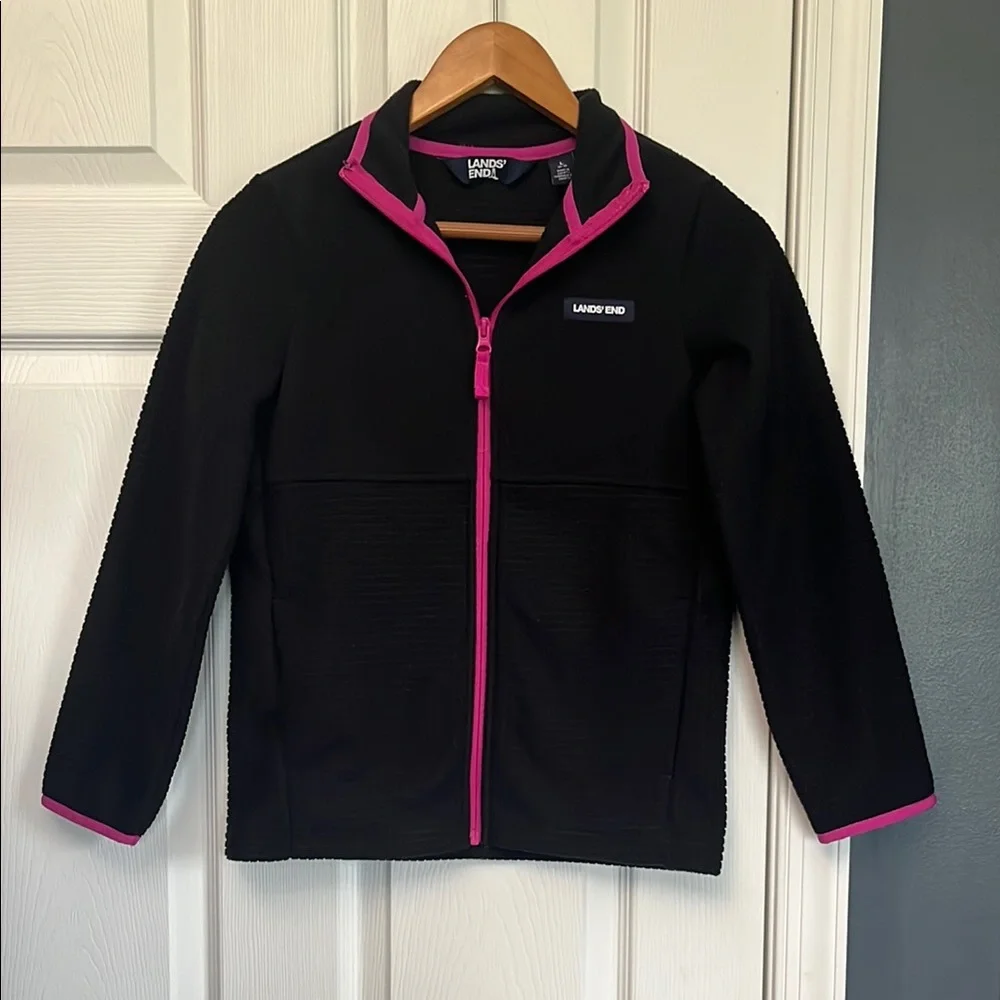 Girls Lands' End Black Fleece Jacket with Fuchsia Accents Size L 10/12